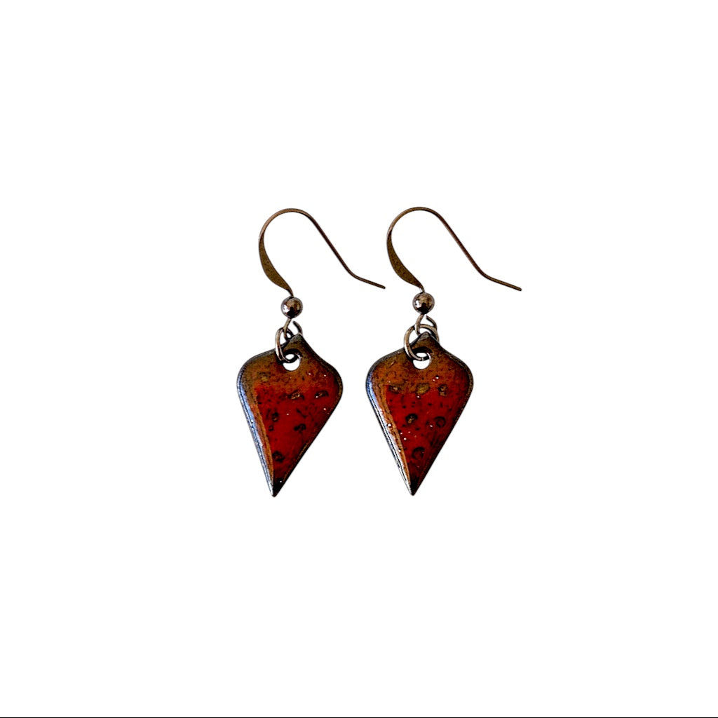 Bedrock Rose red arabesque copper enameled earrings with crackle finish.