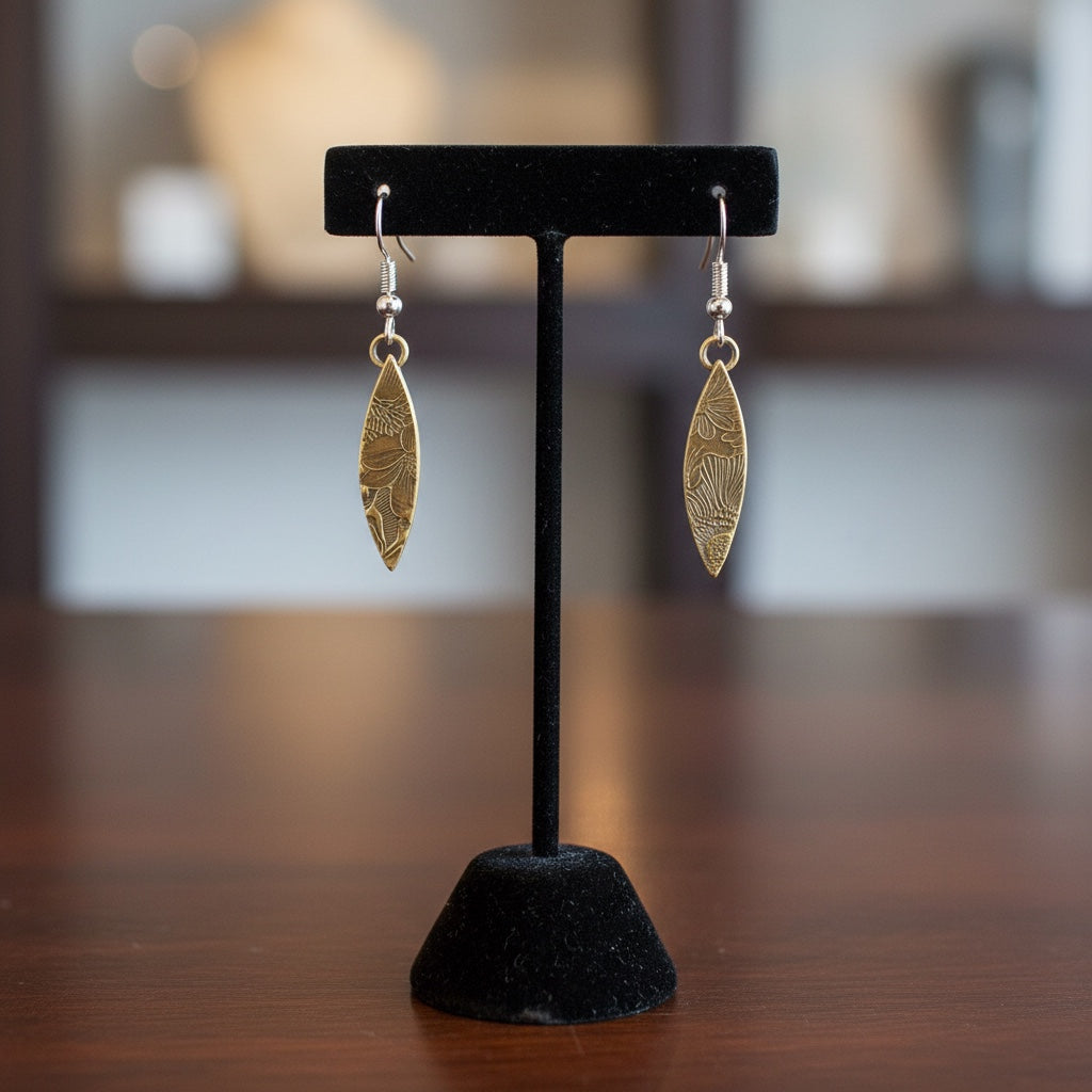 Bedrock Rose petite rose bronze floral earrings with surgical steel ear wires, 1.5" long.