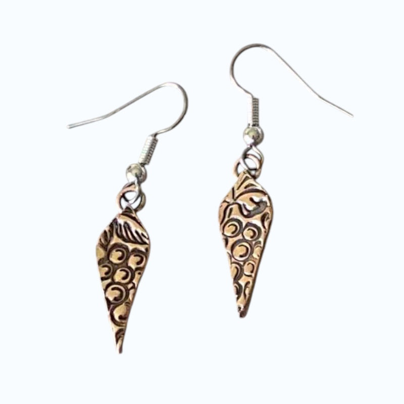 Bedrock Rose Arabesque Grapevine Dangling Earrings in rose-bronze with intricate vine and grape design.