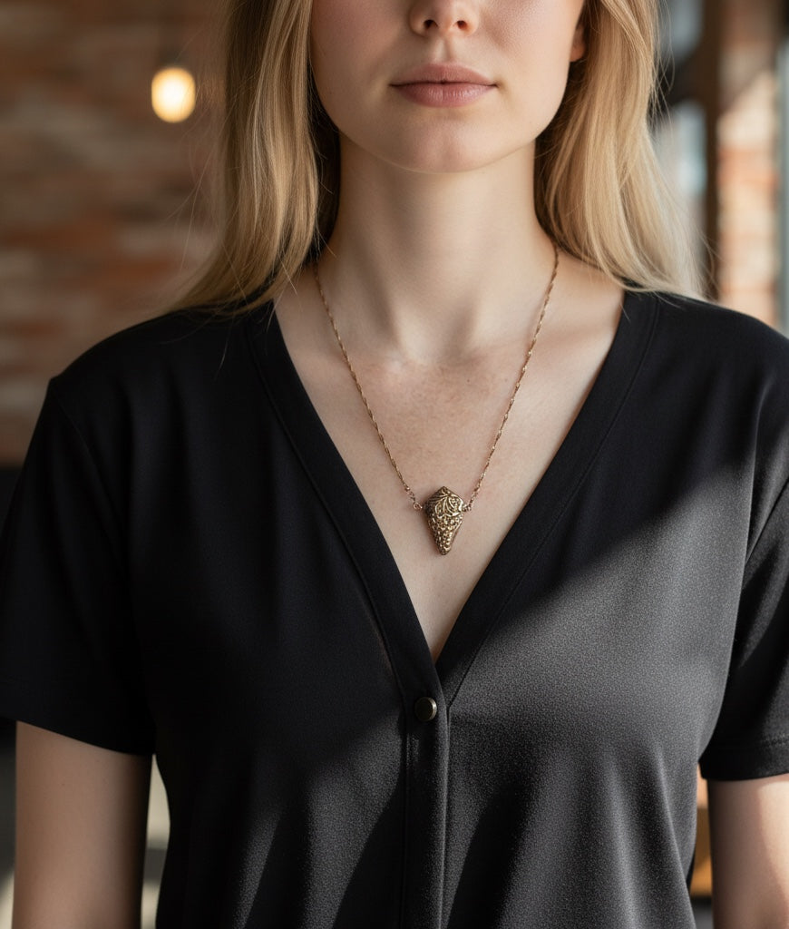 Bedrock Rose 3D grapevine pendant necklace in rose bronze with a 20" brass chain.