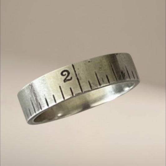 Bedrock Rose silver ruler ring with inch markings and the number 2. A unique novelty ring for creative individuals.