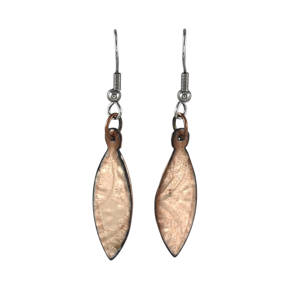 Bedrock Rose shiny copper dangling earrings with clear enamel over patterned copper, featuring a pointy oval shape.