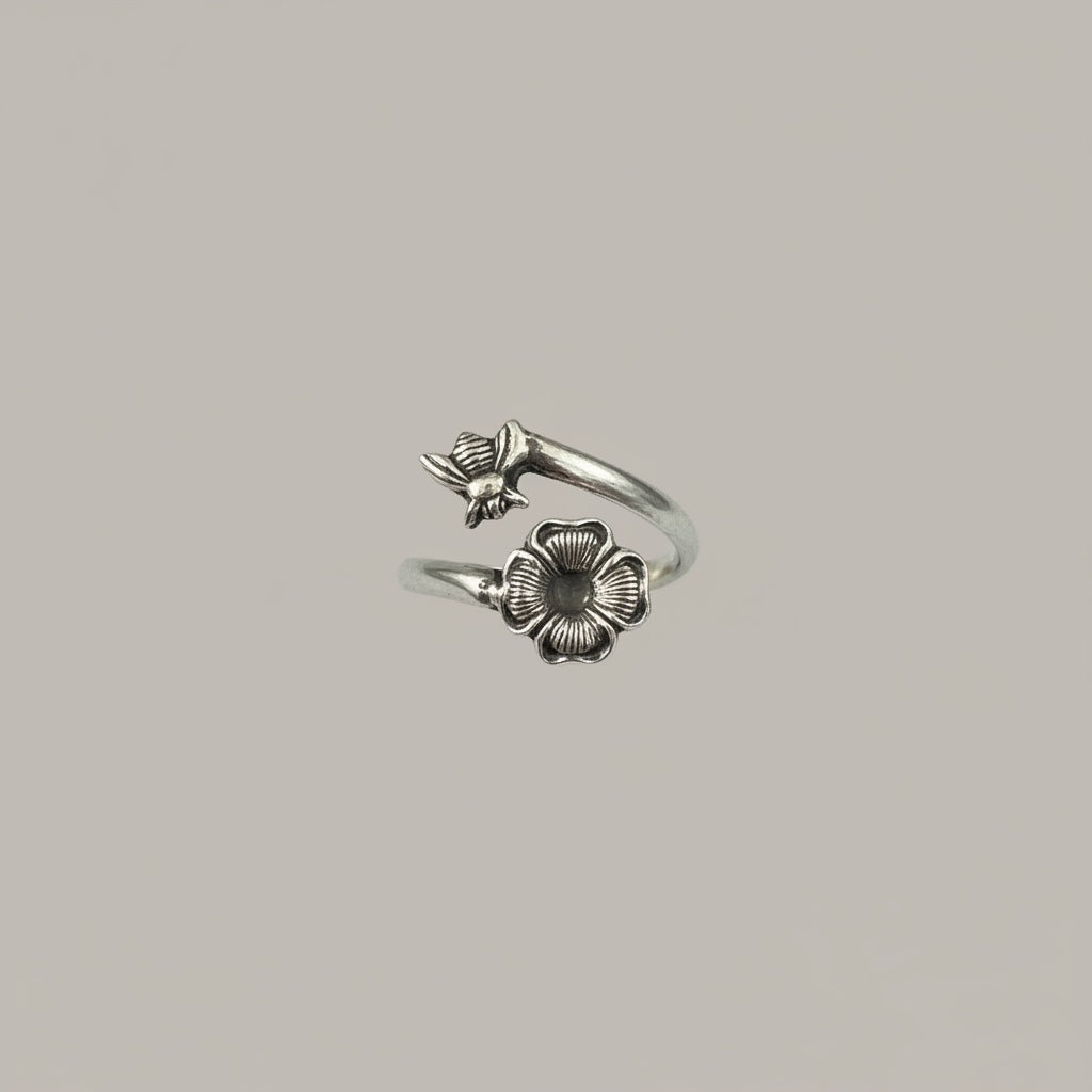 Bedrock Rose Sterling Silver Bee and Flower Wraparound Ring, adjustable summer jewelry with intricate detailing.