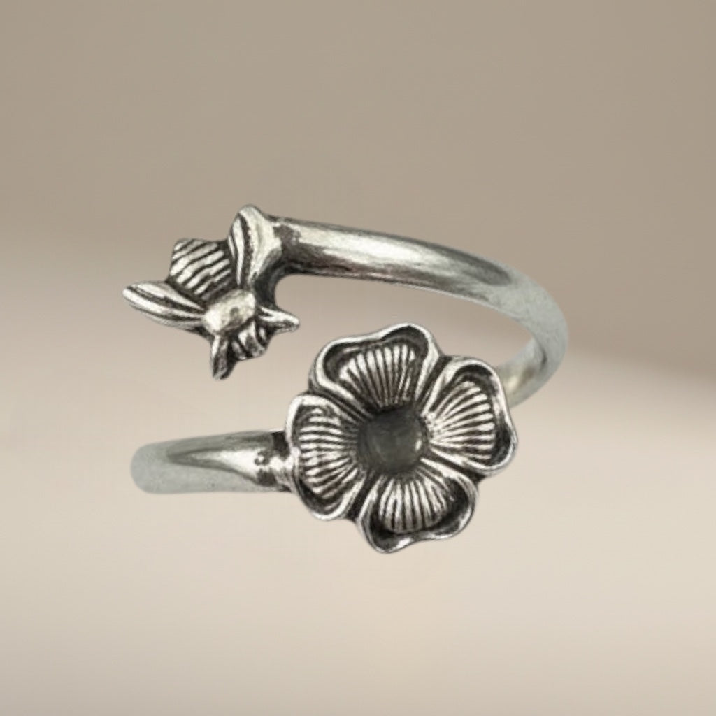 Bedrock Rose Sterling Silver Bee and Flower Wraparound Ring, adjustable summer jewelry with intricate detailing.