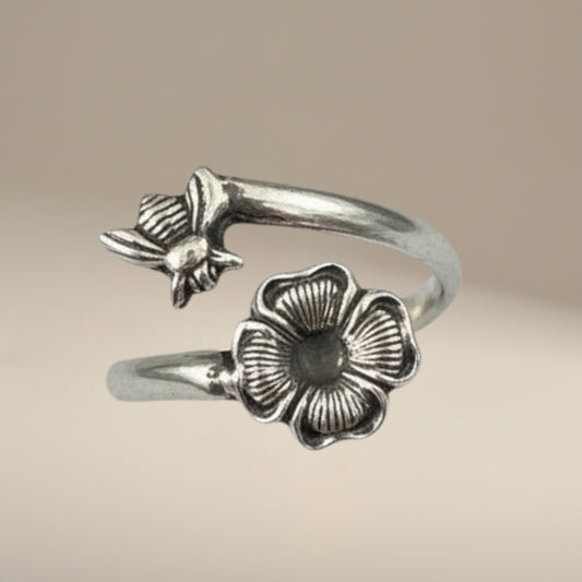 Bedrock Rose Sterling Silver Bee and Flower Wraparound Ring, adjustable summer jewelry with intricate detailing.