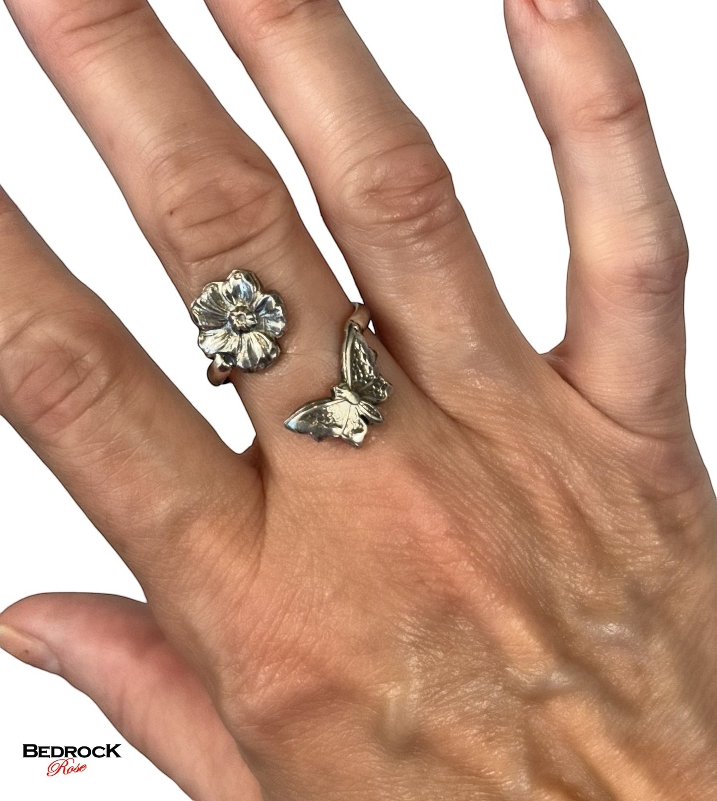 Sterling Silver Wraparound Ring with Butterfly about to land on a flower, Summer jewelry, Gift for nature lover, Botanical jewelry
