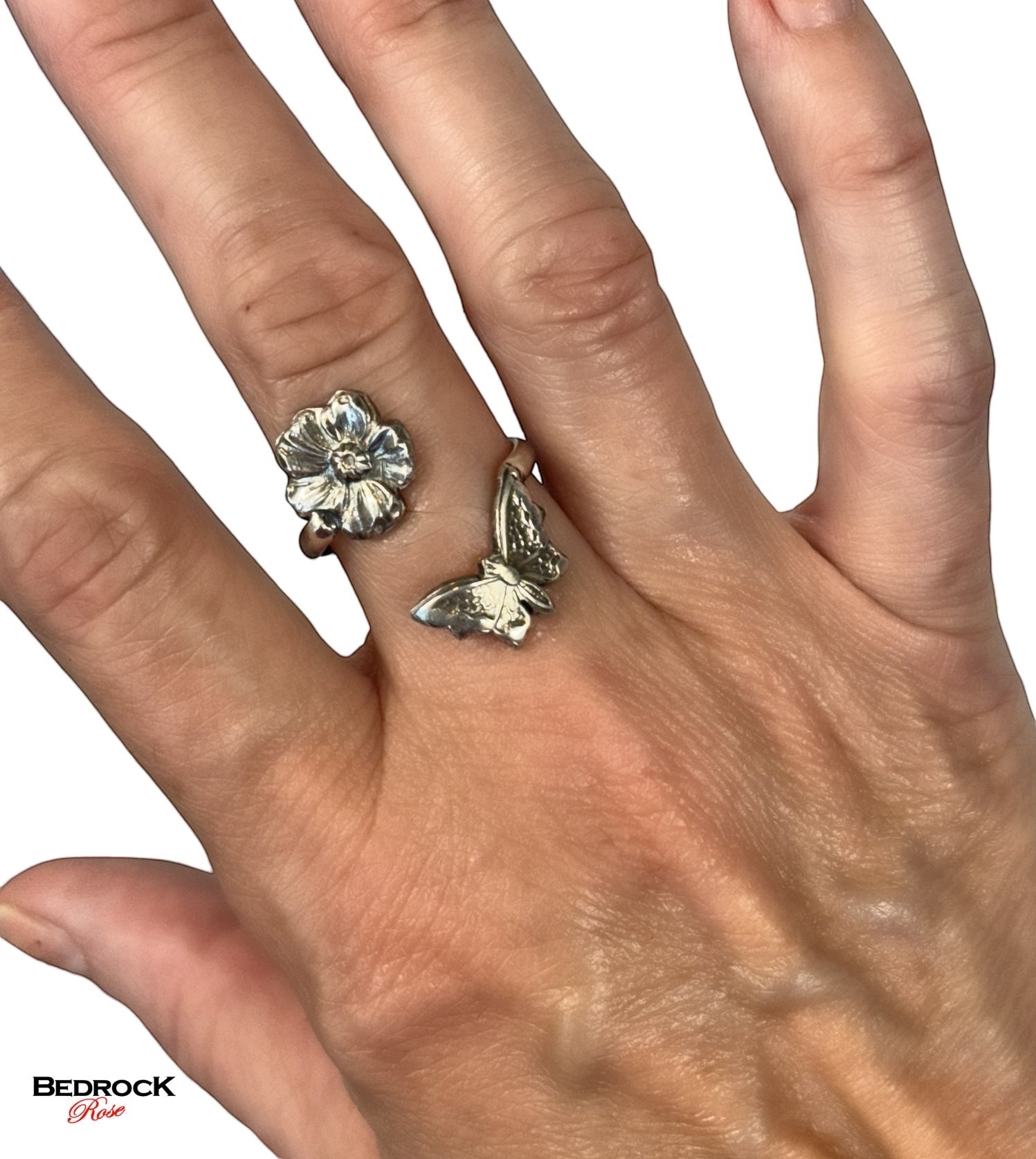 Sterling Silver Wraparound Ring with Butterfly about to land on a flower, Summer jewelry, Gift for nature lover, Botanical jewelry