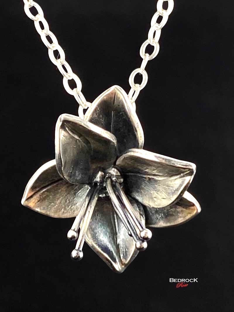 Fine Silver Dogwood Pendant Bedrock Rose, Handcrafted Flower Necklace, Sculpted Floral Jewelry, Gift for Garden Lover, Boho Chic, Statement piece