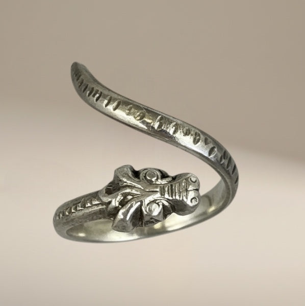 Bedrock Rose adjustable silver dragon wraparound ring with intricate detailing.