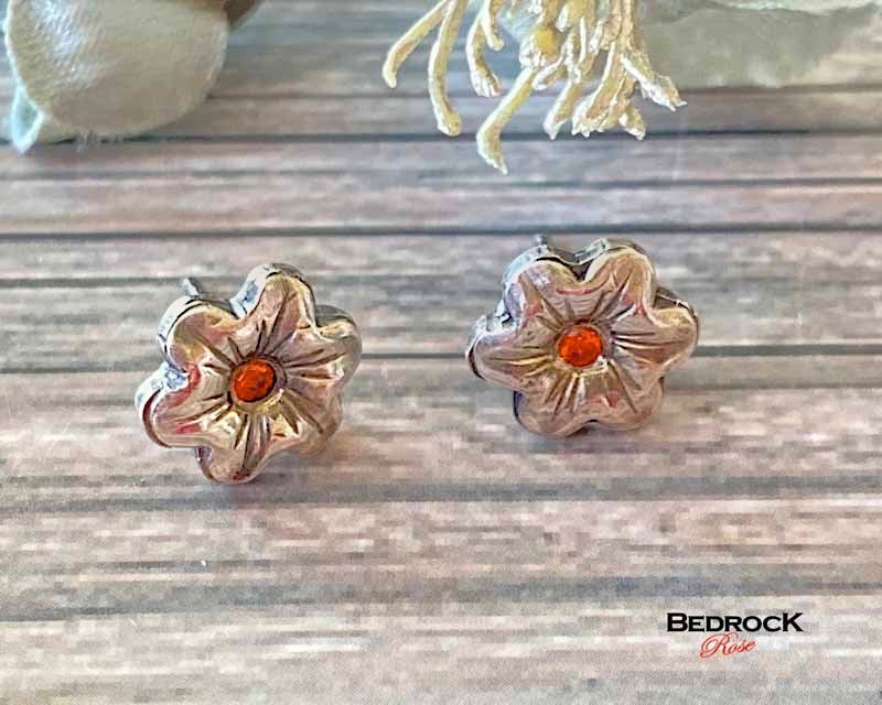 Dainty Silver Flower Post Earrings Bedrock Rose, Handmade Jewelry, Orange Gemstone