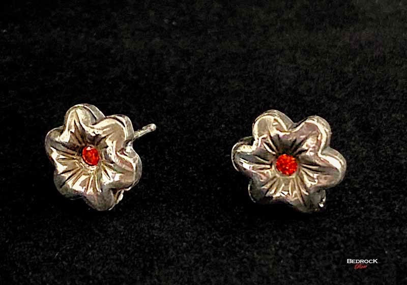 Dainty Silver Flower Post Earrings Bedrock Rose, Handmade Jewelry, Orange Gemstone