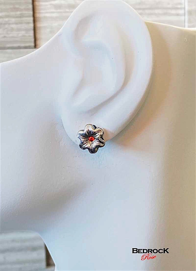 Dainty Silver Flower Post Earrings Bedrock Rose, Handmade Jewelry, Orange Gemstone