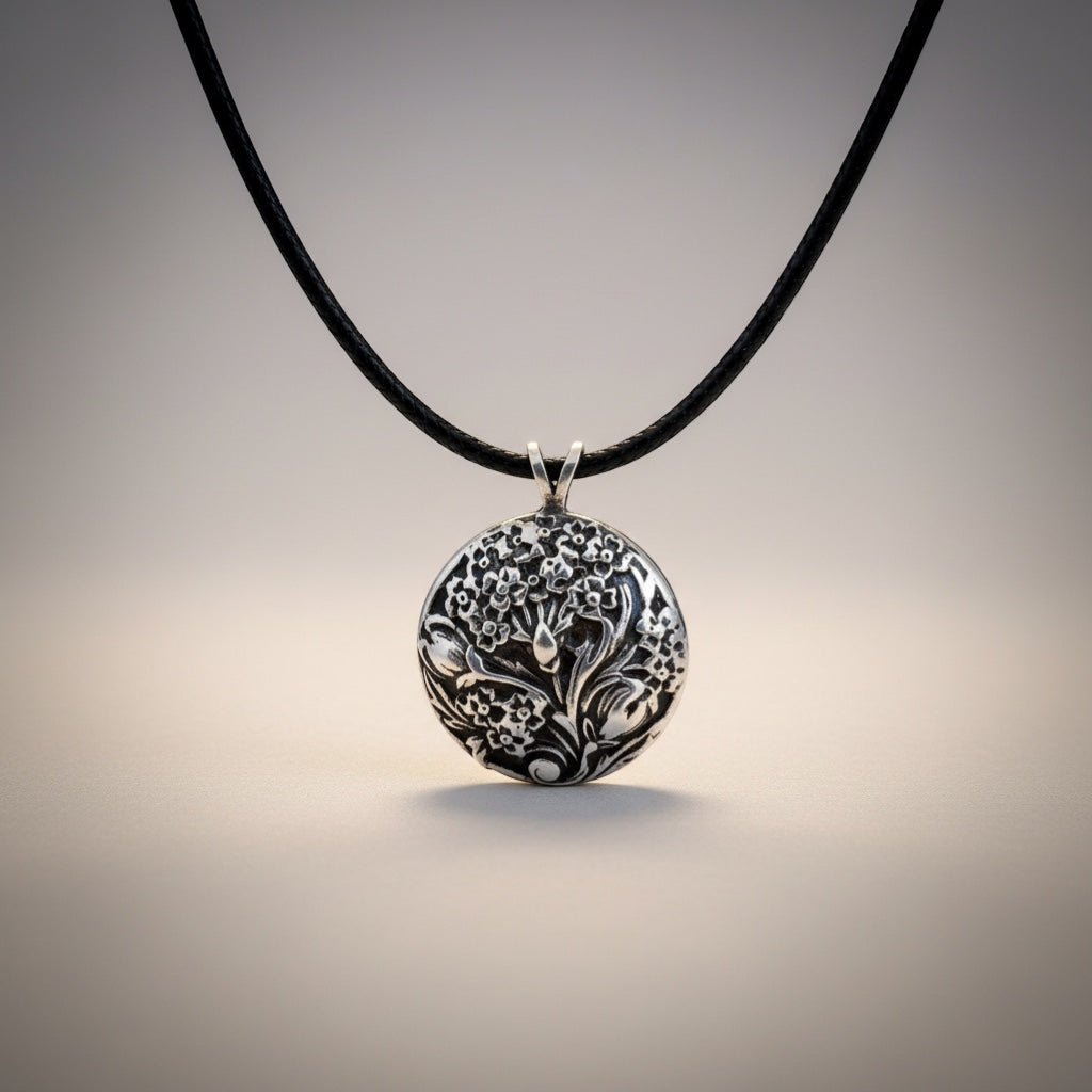 Bedrock Rose vintage-style silver floral medallion pendant necklace with intricate floral motifs.