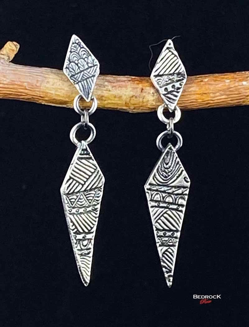 Silver Intricate Geo-Quilt Drop Earrings Bedrock Rose, Handcrafted Post Earrings