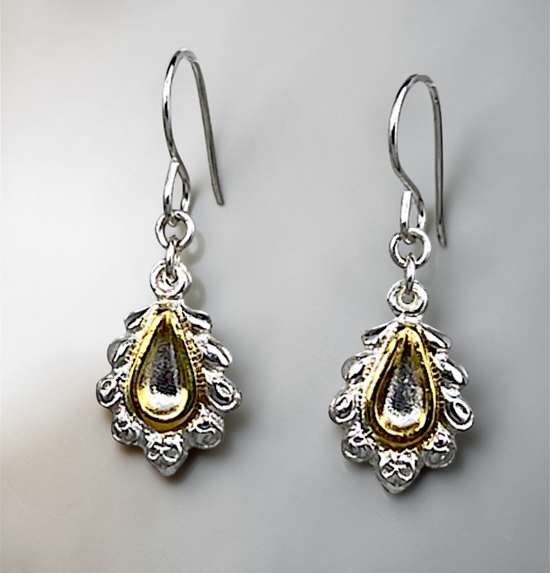 Bedrock Rose silver and gold dainty chandelier drop earrings with sterling silver ear wires.