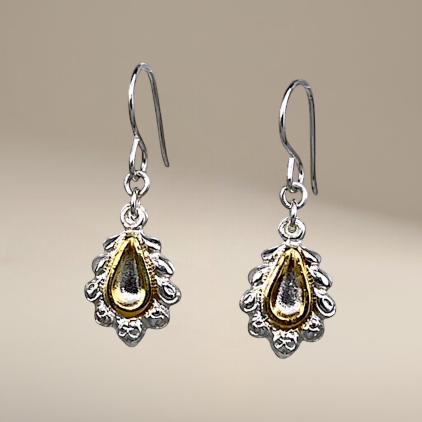 Bedrock Rose silver and gold dainty chandelier drop earrings with sterling silver ear wires.