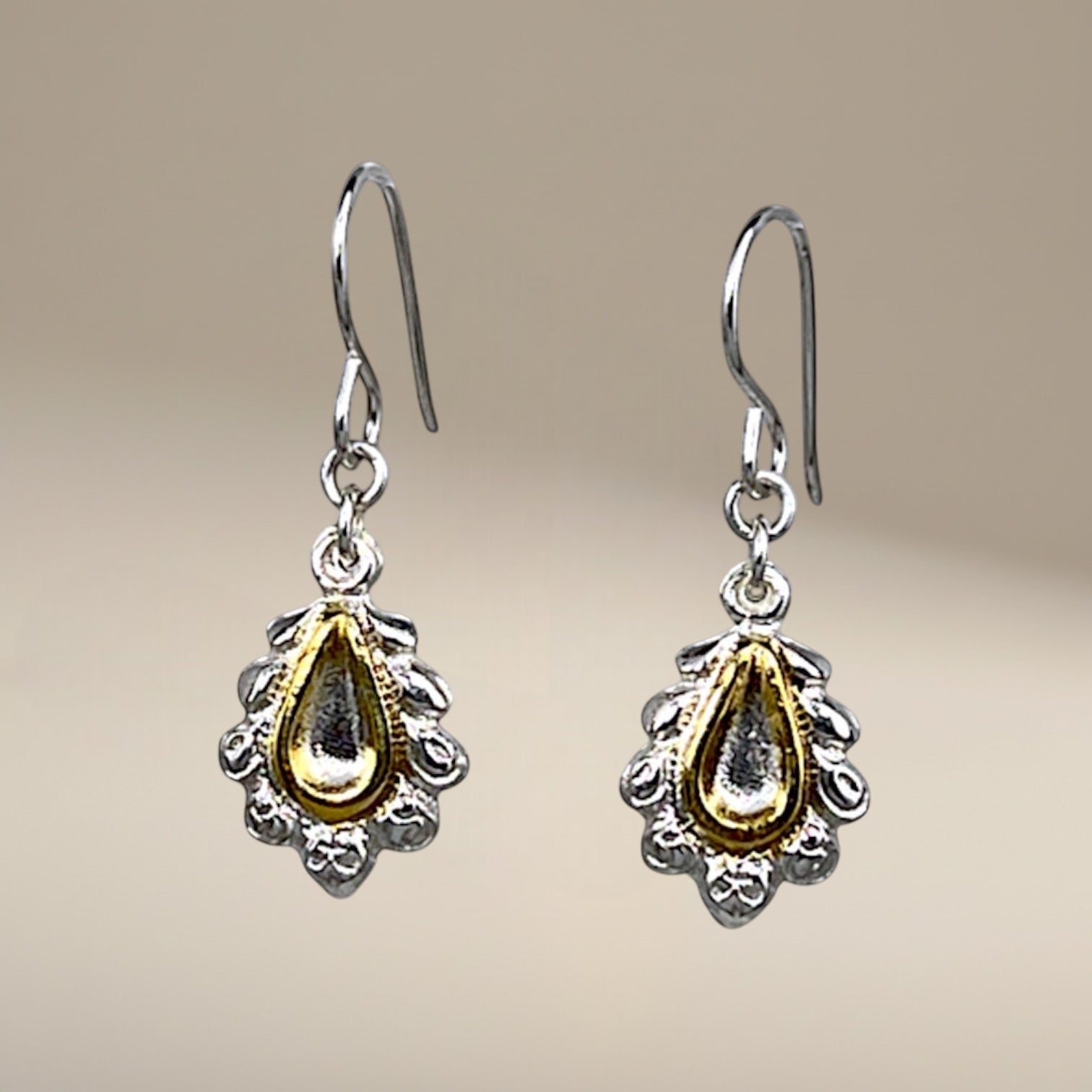 Bedrock Rose silver and gold dainty chandelier drop earrings with sterling silver ear wires.