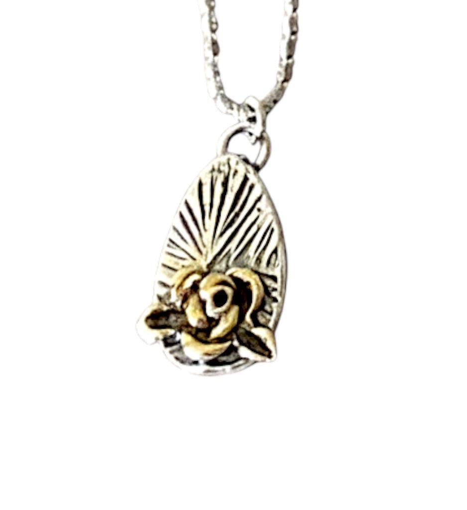 Bedrock Rose silver and gold rose pendant necklace with faceted ball chain.