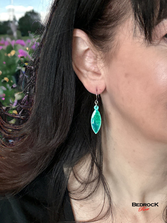 Sparkly Silver Green Earrings Bedrock Rose, Glass enamel earrings, Handmade Jewelry, Gift for Her
