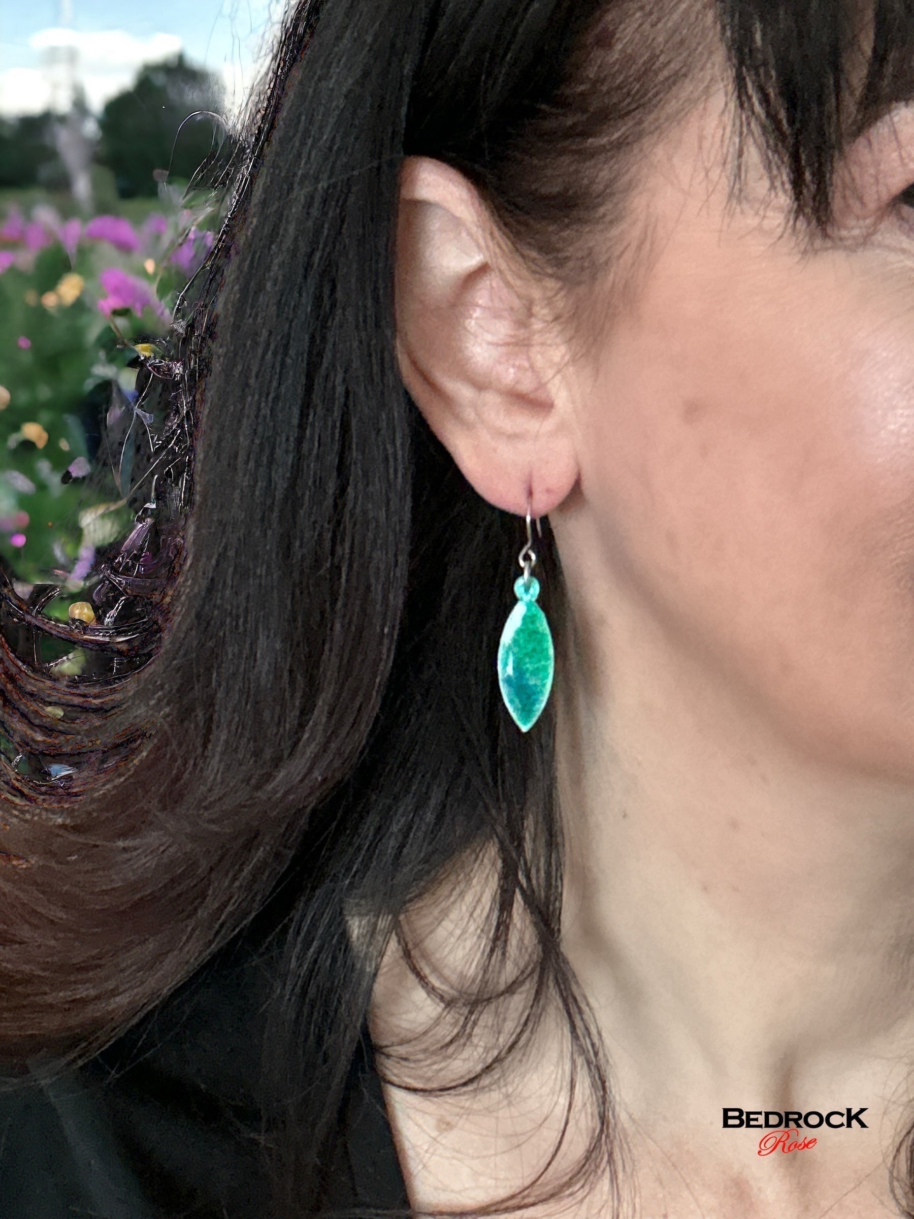 Sparkly Silver Green Earrings Bedrock Rose, Glass enamel earrings, Handmade Jewelry, Gift for Her