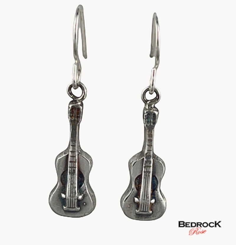 Bedrock Rose silver guitar dangle earrings, sterling silver, 1” x 3/8”, for music lovers.
