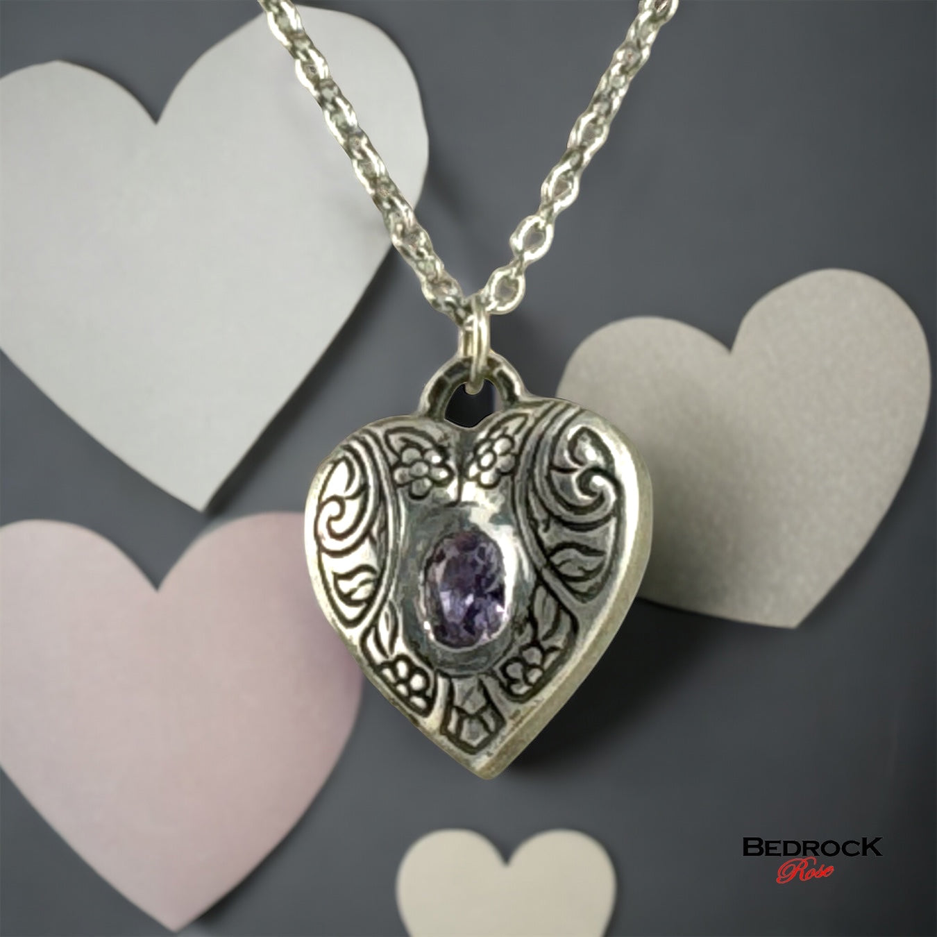 Silver Heart Pendant, Locket-style heart pendant, Silver heart Amethyst Necklace, Valentines Gift, Gift for Her, Heirloom quality heart pendant