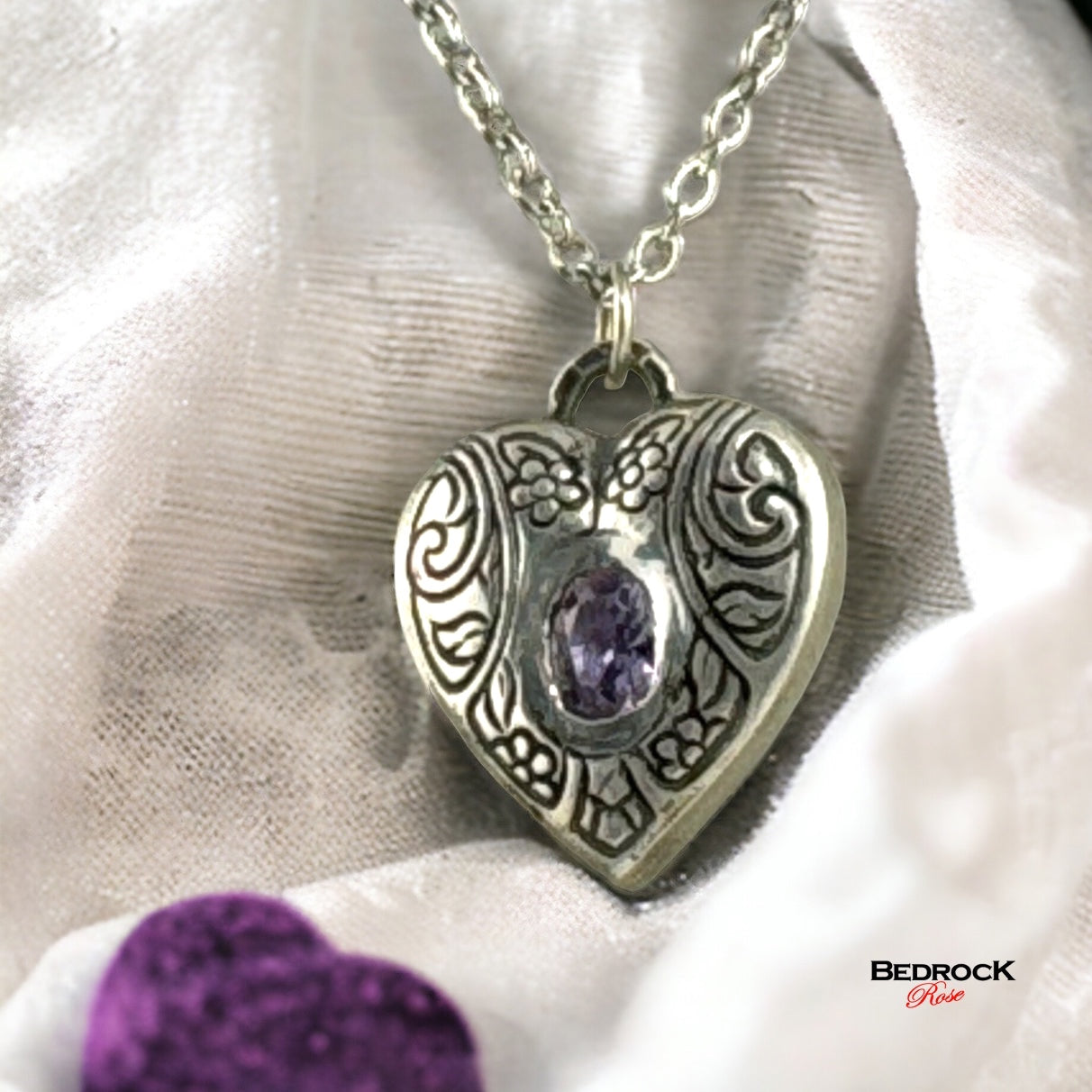Silver Heart Pendant, Locket-style heart pendant, Silver heart Amethyst Necklace, Valentines Gift, Gift for Her, Heirloom quality heart pendant