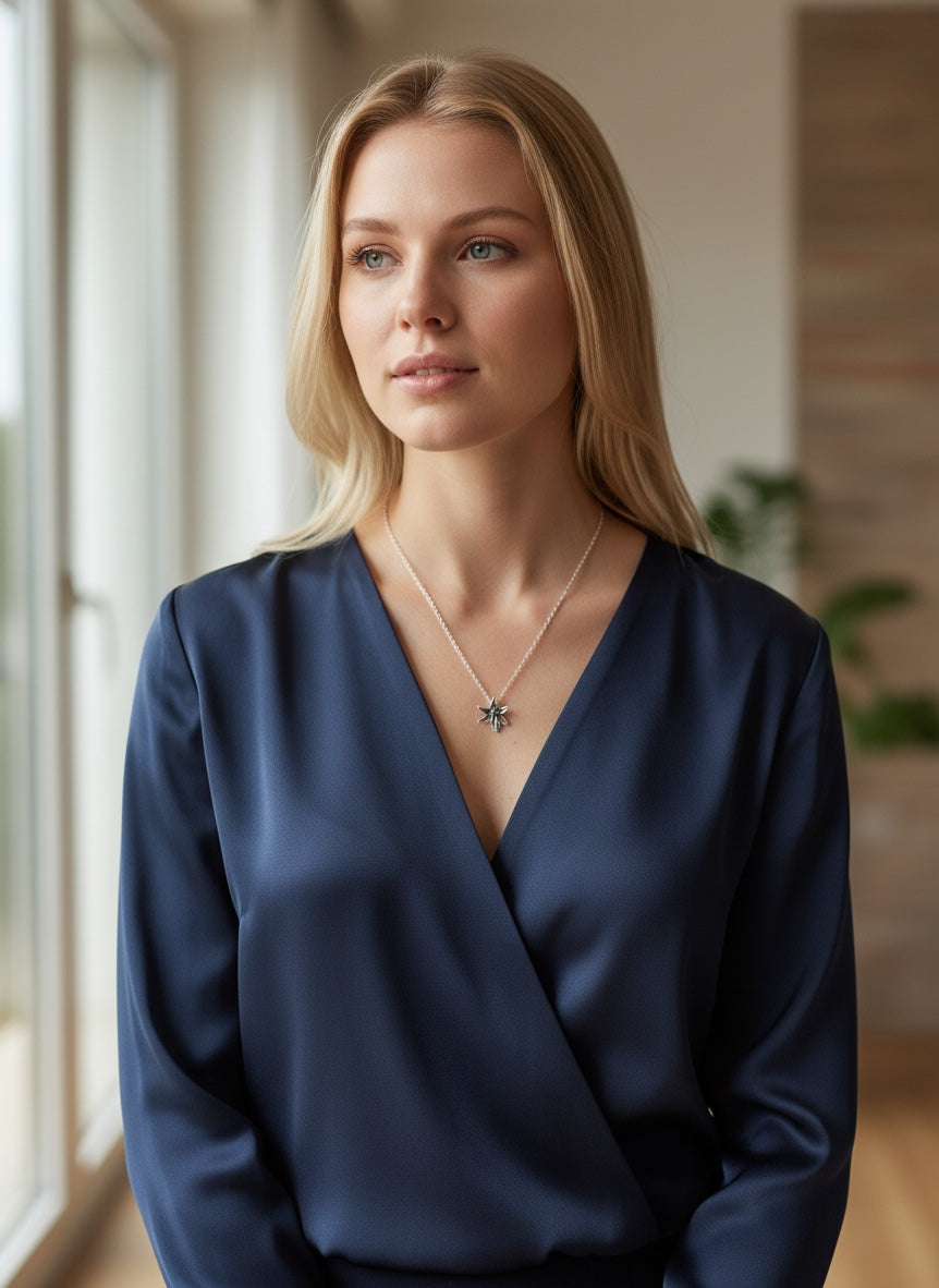 Bedrock Rose fine silver orchid pendant necklace on a delicate chain, showcasing intricate floral detail.