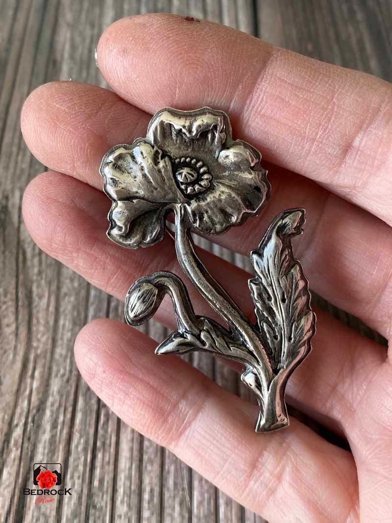 Bedrock Rose Art Nouveau sterling silver poppy brooch with bud and leaf detail.