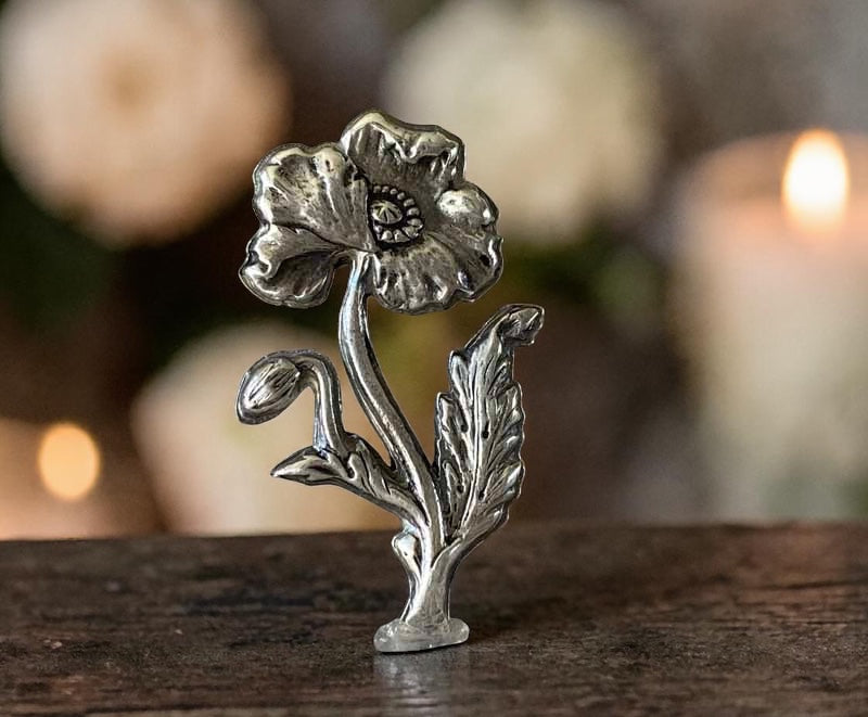 Bedrock Rose Art Nouveau sterling silver poppy brooch with bud and leaves, detailed floral design.