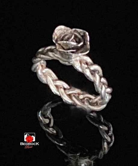 Fine Silver Rose Ring Bedrock Rose, Braided band with hand-sculpted Rosebud