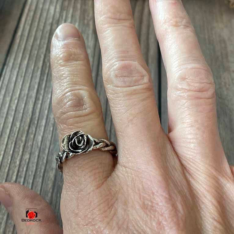 Fine Silver Rose Ring Bedrock Rose, Braided band with hand-sculpted Rosebud