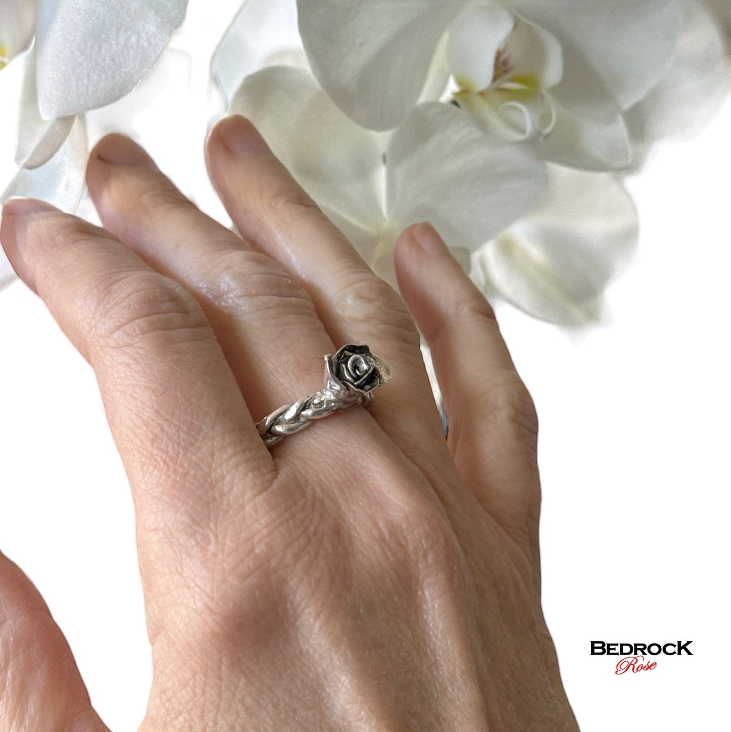 Fine Silver Rose Ring Bedrock Rose, Braided band with hand-sculpted Rosebud