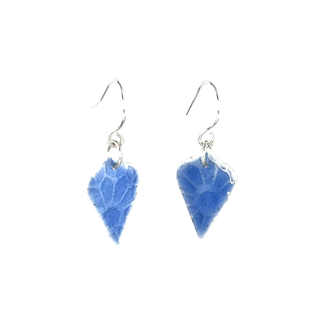 Bedrock Rose sky blue arabesque earrings with silver accents and art deco floral pattern, surgical steel wires.