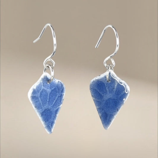Bedrock Rose sky blue arabesque earrings with silver and art deco floral pattern, surgical steel ear wires.