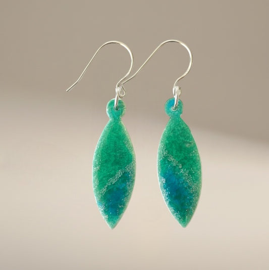Bedrock Rose sparkly silver green dangle earrings with blue accents and surgical steel ear wires.