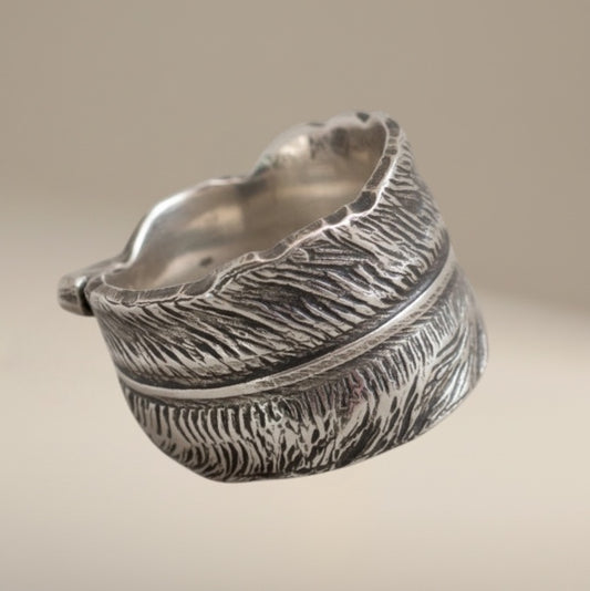 Bedrock Rose Sterling Silver Feather Ring, adjustable size 8, wrap-around feather design.