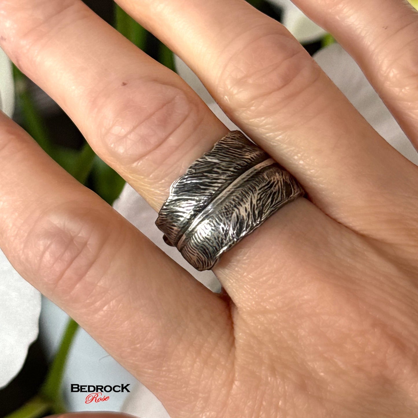 Sterling silver wrap around feather engraved ring, statement feather ring, ring for him, ring for her