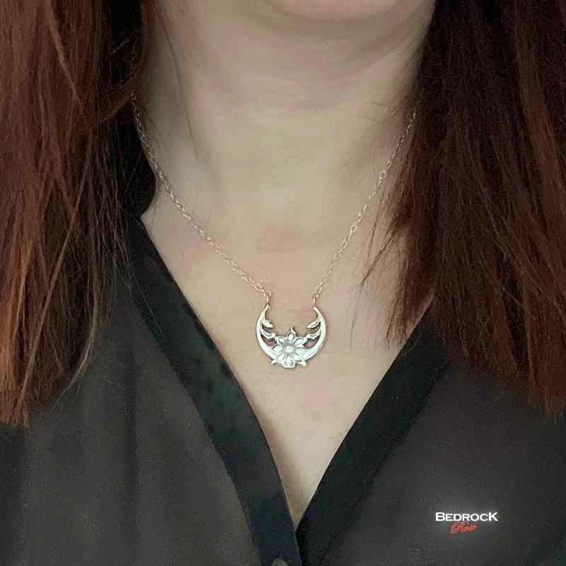 Sterling Silver Moonflower Crescent Pendant Bedrock Rose, Solar Eclipse Jewelry, Moonflower Necklace
