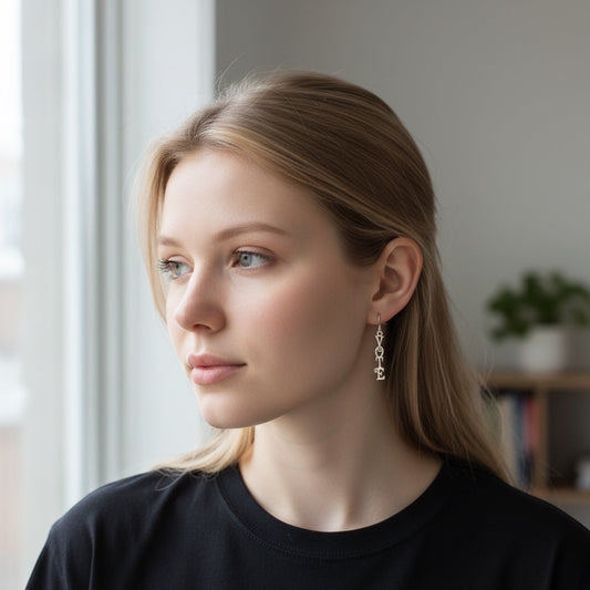 Bedrock Rose sterling silver dangling earrings with the word "Vote" in a fancy scroll font. Laser-cut design.