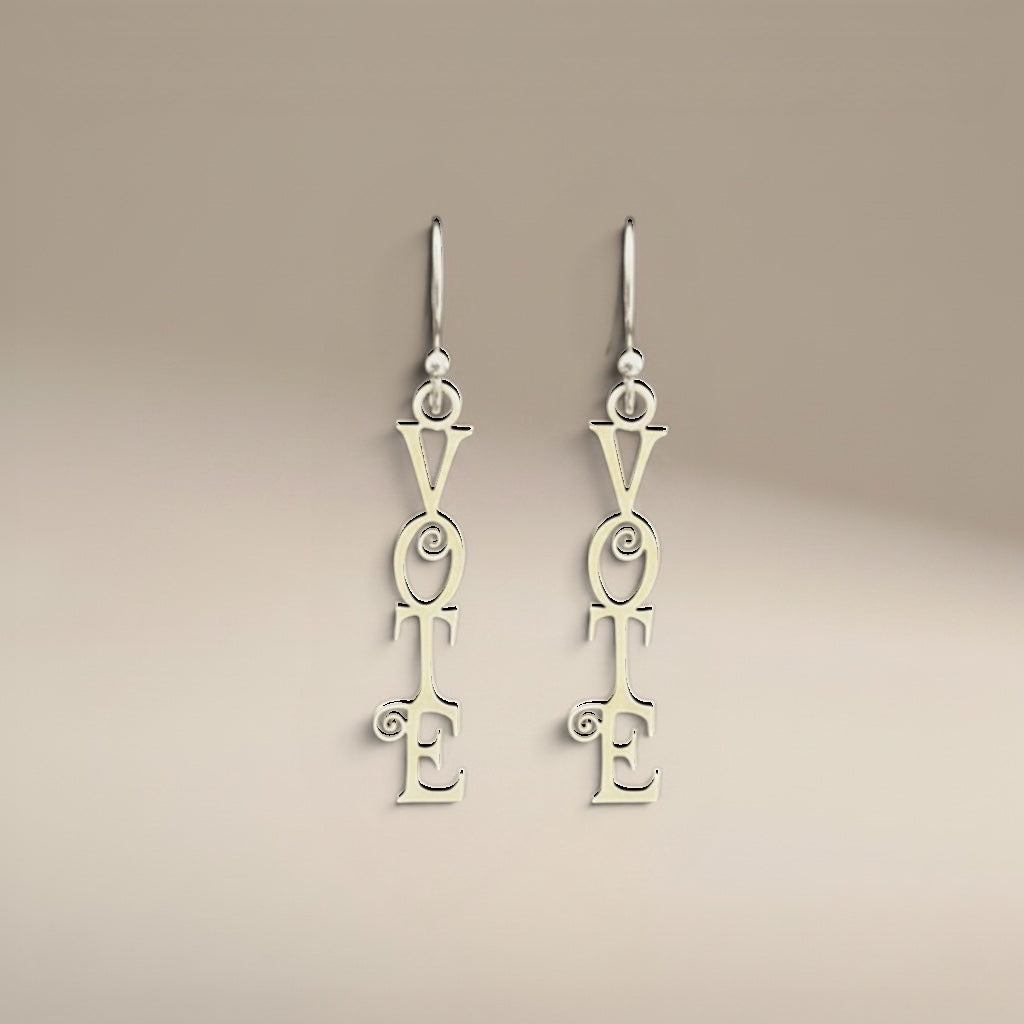 Bedrock Rose sterling silver dangling earrings with the word "Vote" in fancy scroll font. Laser-cut design.