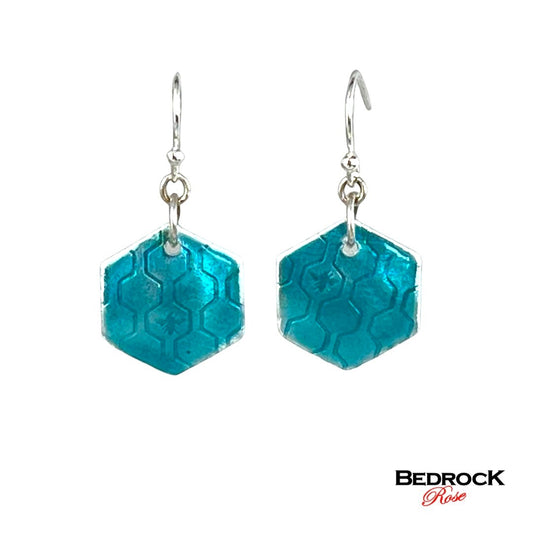 Teal green geometric earrings with honeycomb texture, fine silver enameled dangle earrings, handmade jewelry, glass earrings, gift for her, hexagon shaped earrings