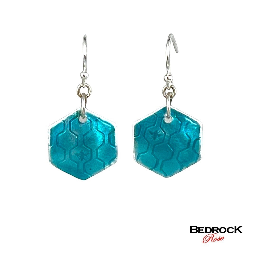 Teal green geometric earrings with honeycomb texture, fine silver enameled dangle earrings, handmade jewelry, glass earrings, gift for her, hexagon shaped earrings
