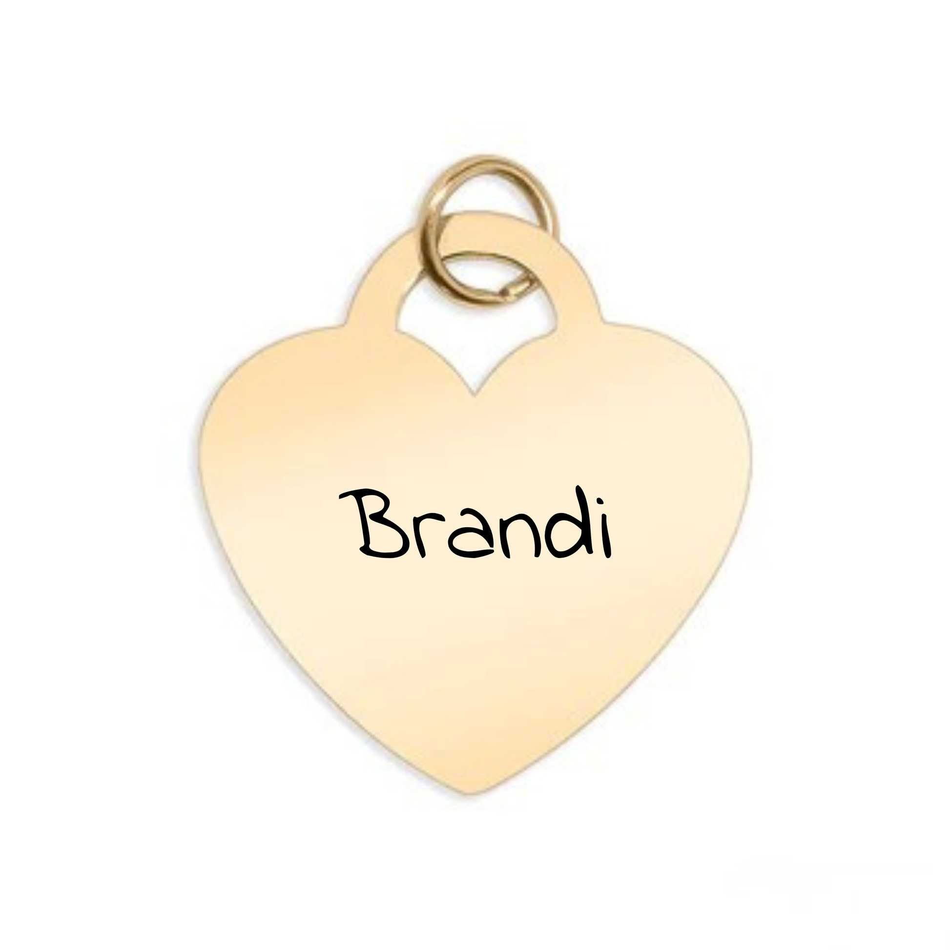 Gold heart-shaped pendant with 'Brandi' engraved on a white background
