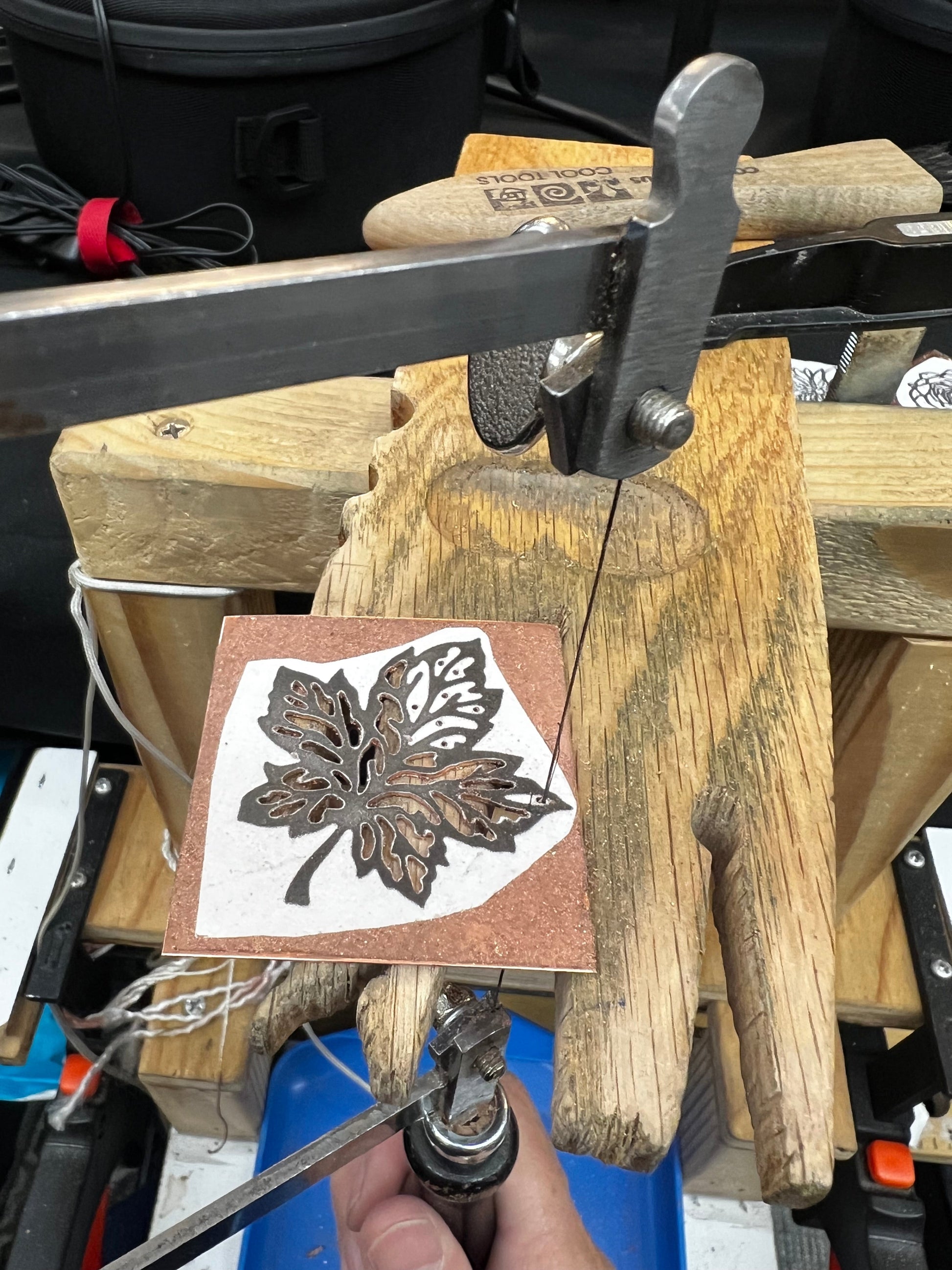 Bedrock Rose hand-pierced copper maple leaf necklace in progress with an 18" chain. Vintage style, perfect for Autumn.