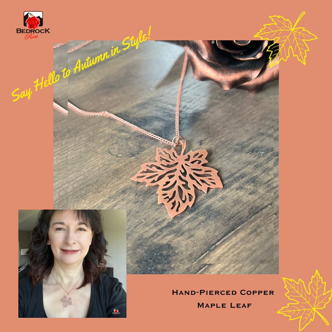 Bedrock Rose hand-pierced copper maple leaf necklace with an 18" chain. Vintage style, perfect for Autumn.