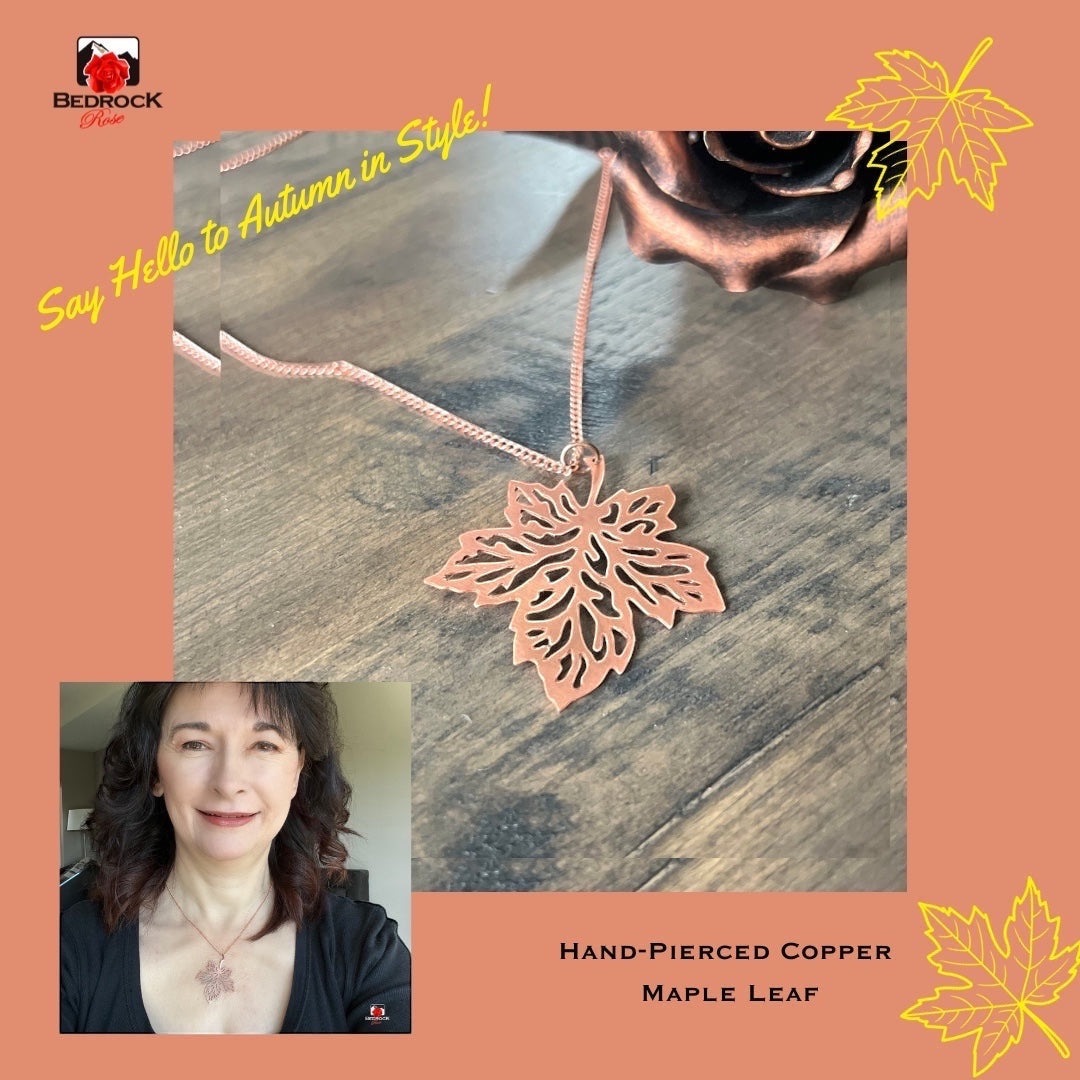 Bedrock Rose hand-pierced copper maple leaf necklace with an 18" chain. Vintage style, perfect for Autumn.