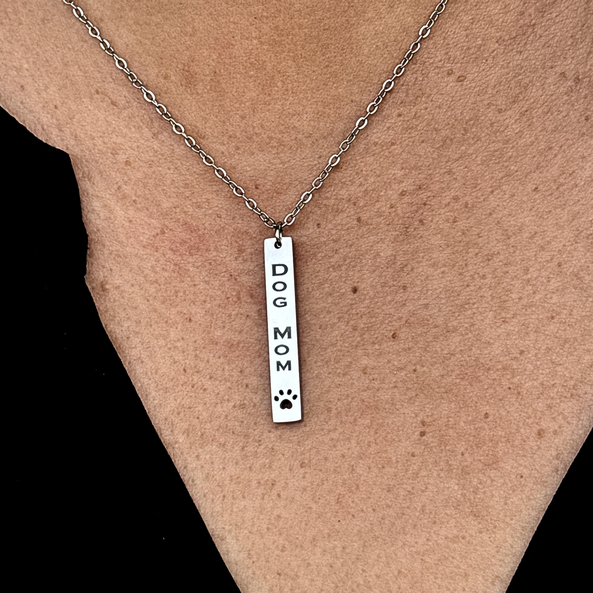 Dog Mom Silver stainless steel engraved pendant, Dog paw cut out, Personalized necklace, gift for pet lover, vertical bar necklace