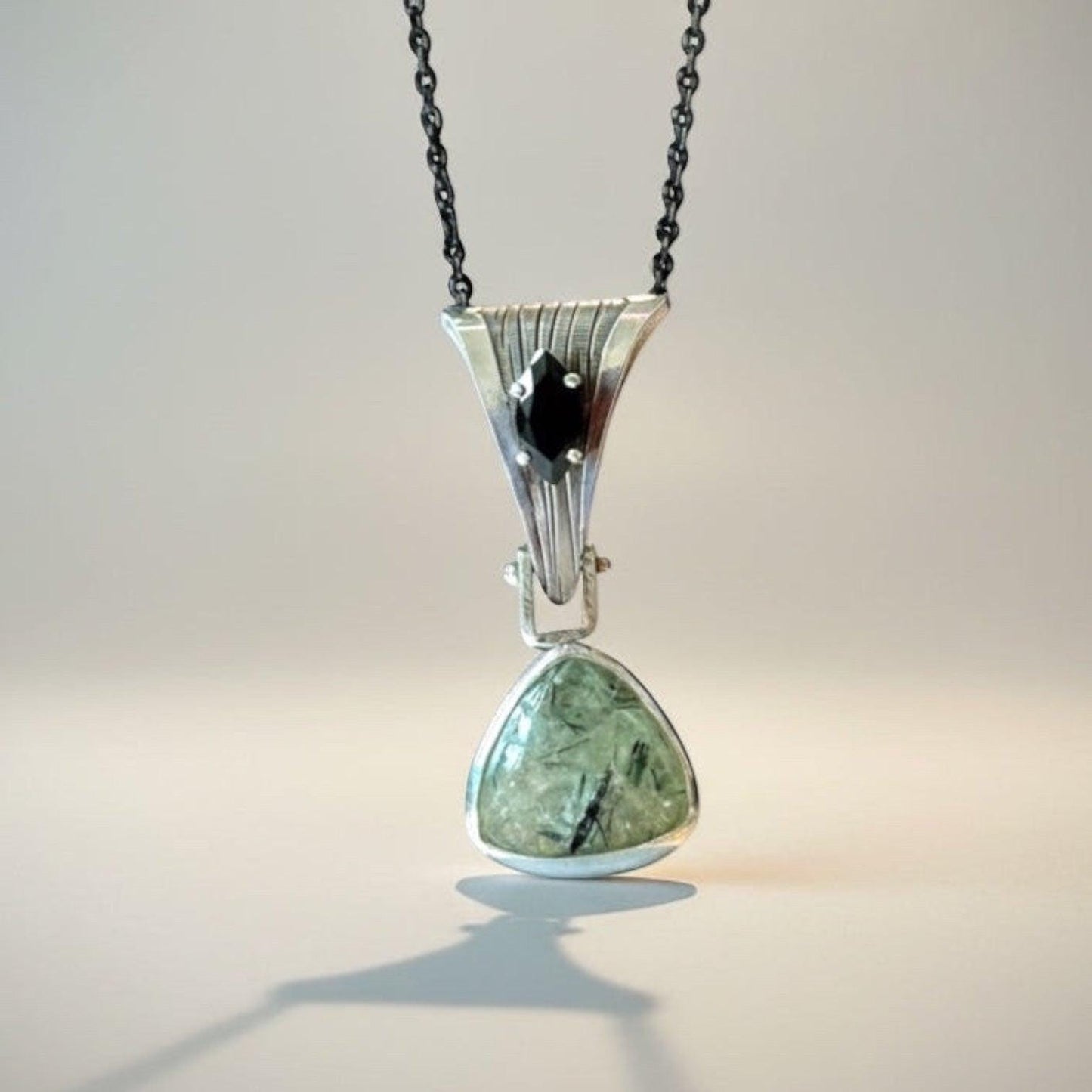 Prehnite & Marquise Onyx Statement Pendant – Hand-Milled Sterling Silver on Black Stainless Steel Chain