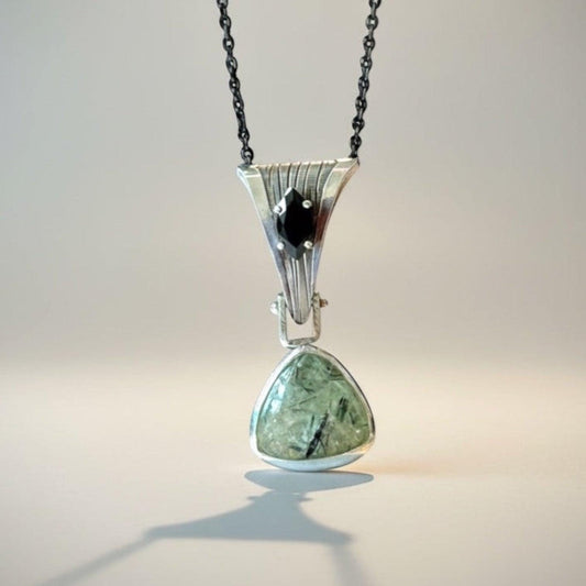 Prehnite & Marquise Onyx Statement Pendant – Hand-Milled Sterling Silver on Black Stainless Steel Chain
